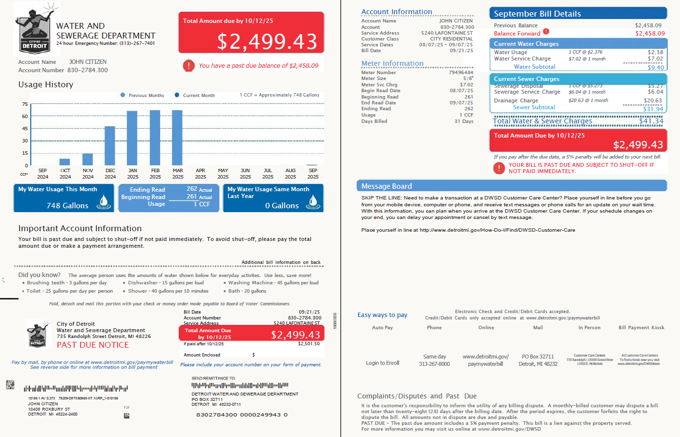 USA Detroit Water and Sewerage Department utility bill template in Word and PDF formats, 2 pages, version 2